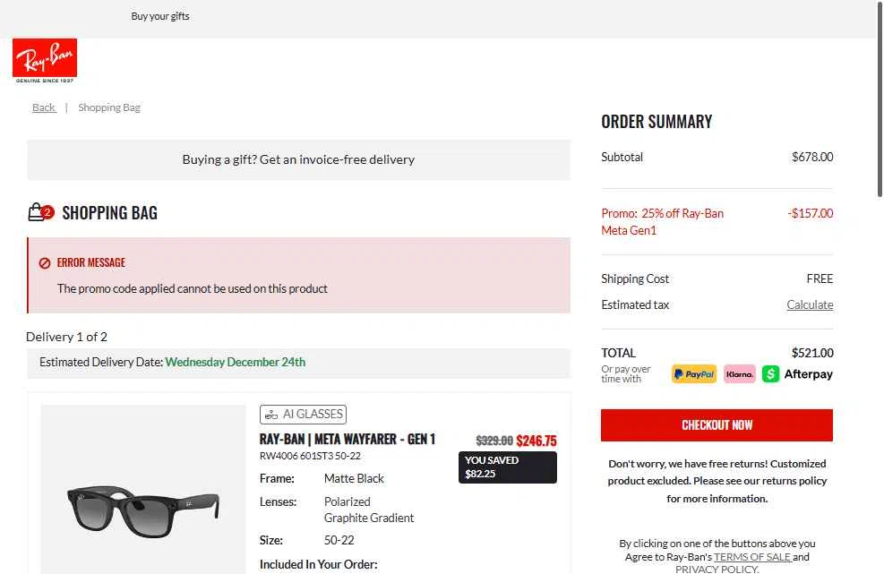 Ray-Ban checkout page showing Ray-Ban promo code box | Screenshot taken by SimplyCodes community member on Dec 17, 2025