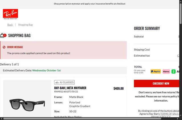 Ray-Ban checkout page showing Ray-Ban promo code box | Screenshot taken by SimplyCodes community member on Sep 23, 2025