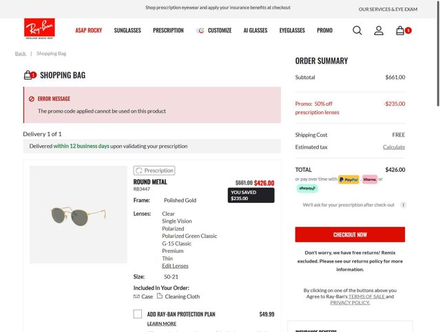 Ray-Ban checkout page showing Ray-Ban promo code box | Screenshot taken by SimplyCodes community member on Aug 23, 2025