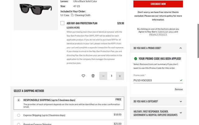 Ray-Ban checkout page showing Ray-Ban promo code box | Screenshot taken by SimplyCodes community member on Sep 13, 2025