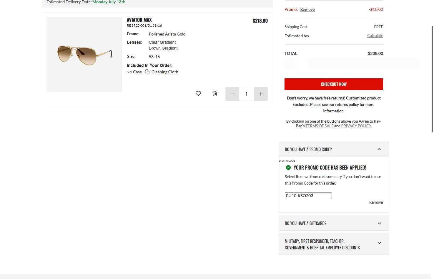 Verification screenshot for $10 Off Select Items at Ray-Ban - 17d ago