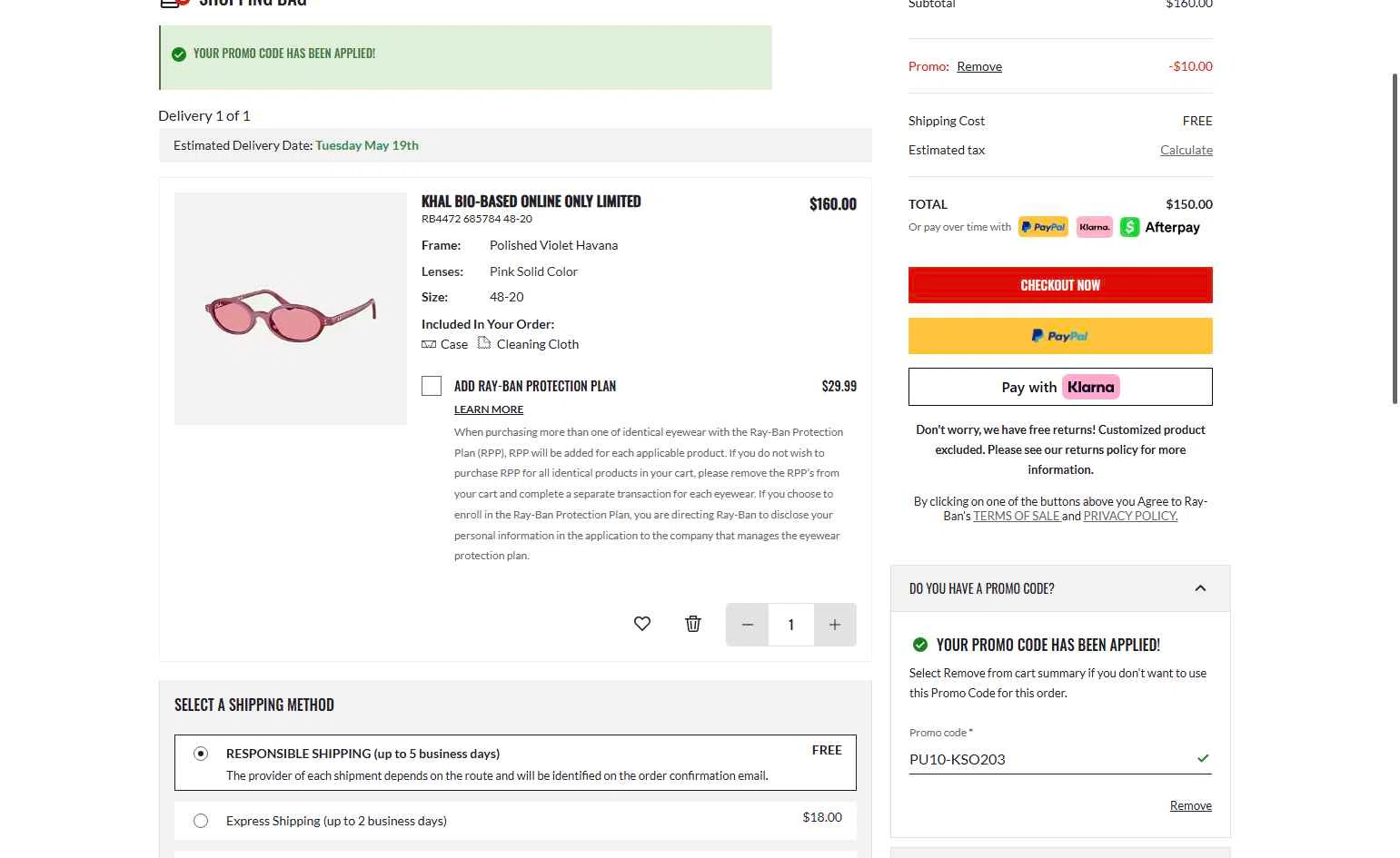 Verification screenshot for $10 Off Select Items at Ray-Ban — 25d ago