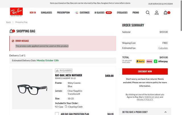 Ray-Ban checkout page showing Ray-Ban promo code box | Screenshot taken by SimplyCodes community member on Oct 3, 2025