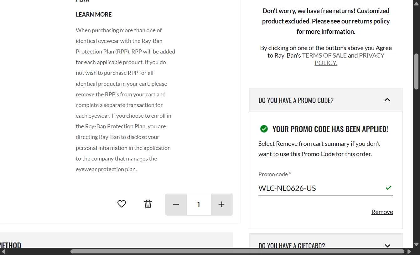 Verification screenshot for $10 Off Select Items at Ray-Ban - 1d ago