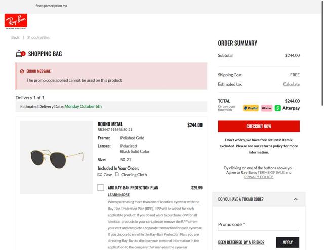 Ray-Ban checkout page showing Ray-Ban promo code box | Screenshot taken by SimplyCodes community member on Sep 29, 2025