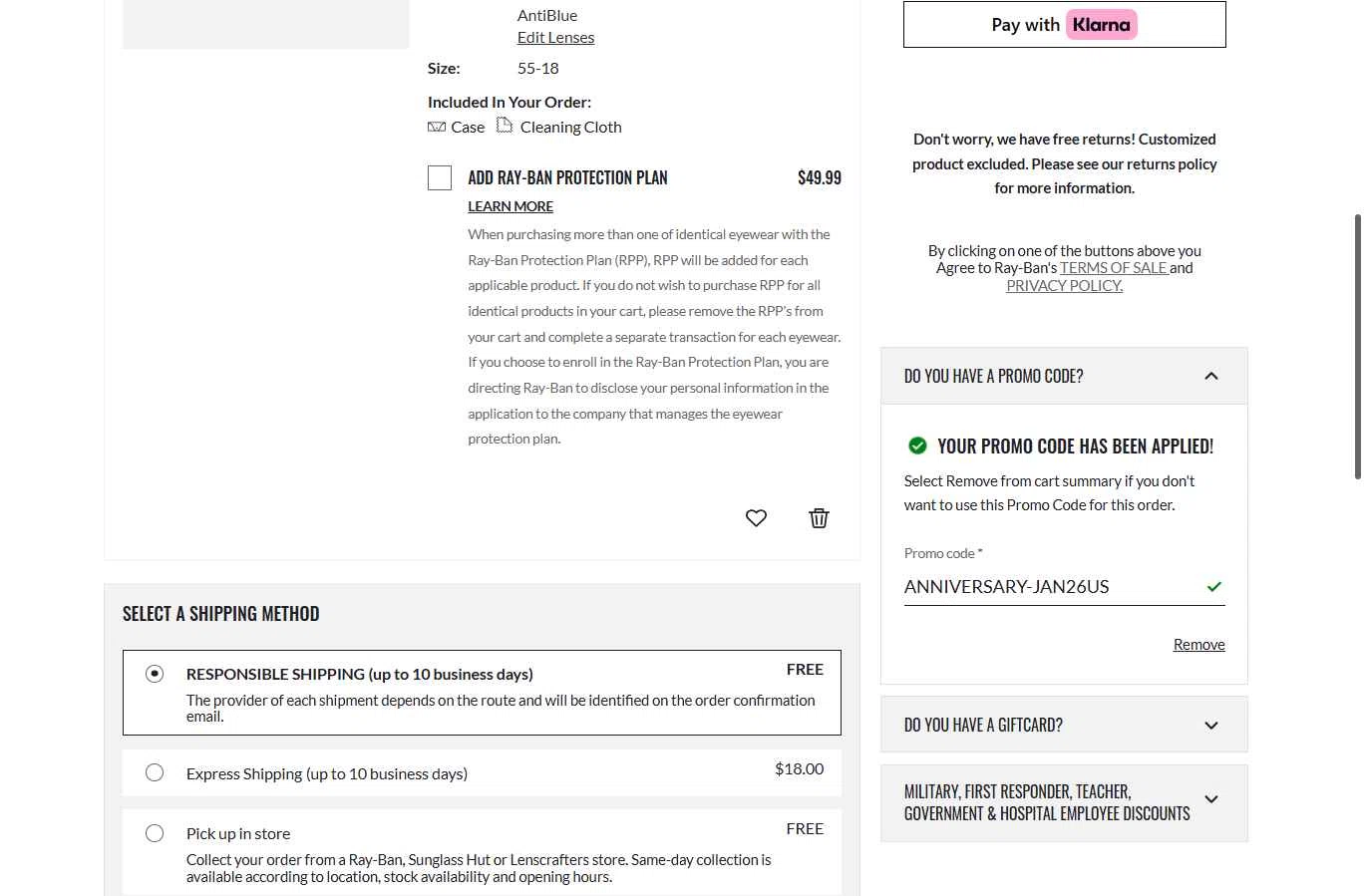 Ray-Ban checkout page showing Ray-Ban promo code box | Screenshot taken by SimplyCodes community member on Jan 26, 2026