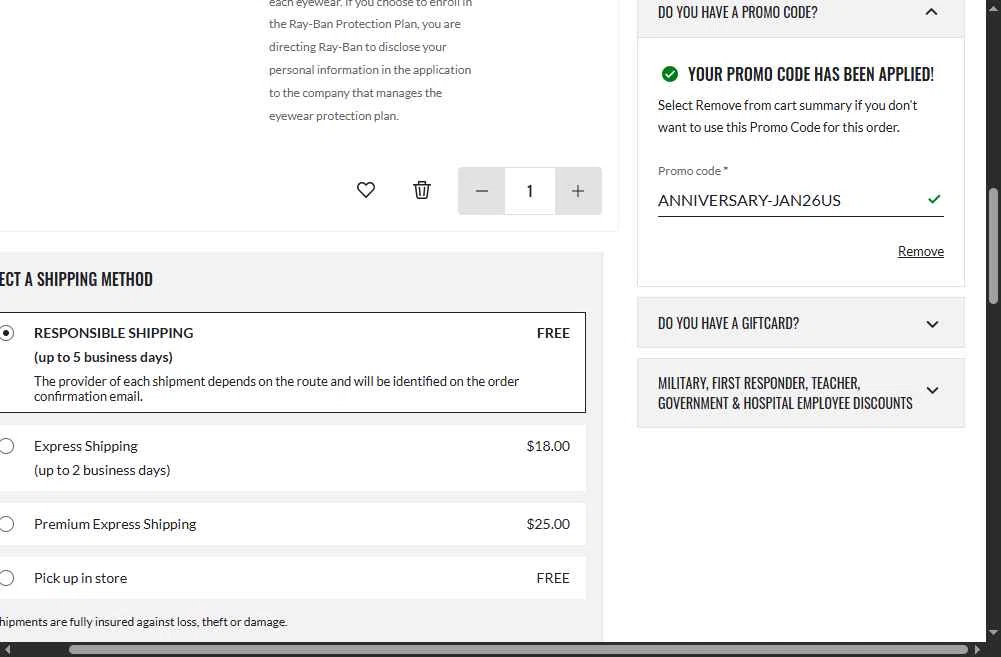 Ray-Ban checkout page showing Ray-Ban promo code box | Screenshot taken by SimplyCodes community member on Feb 11, 2026