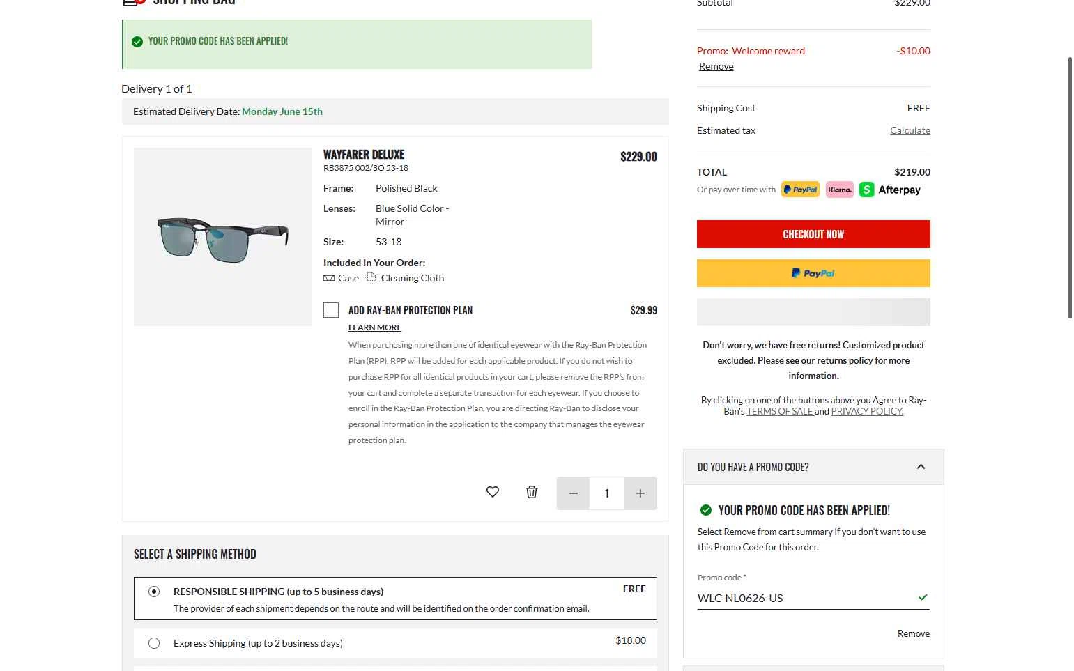 Verification screenshot for $10 Off Select Items at Ray-Ban — 12h ago