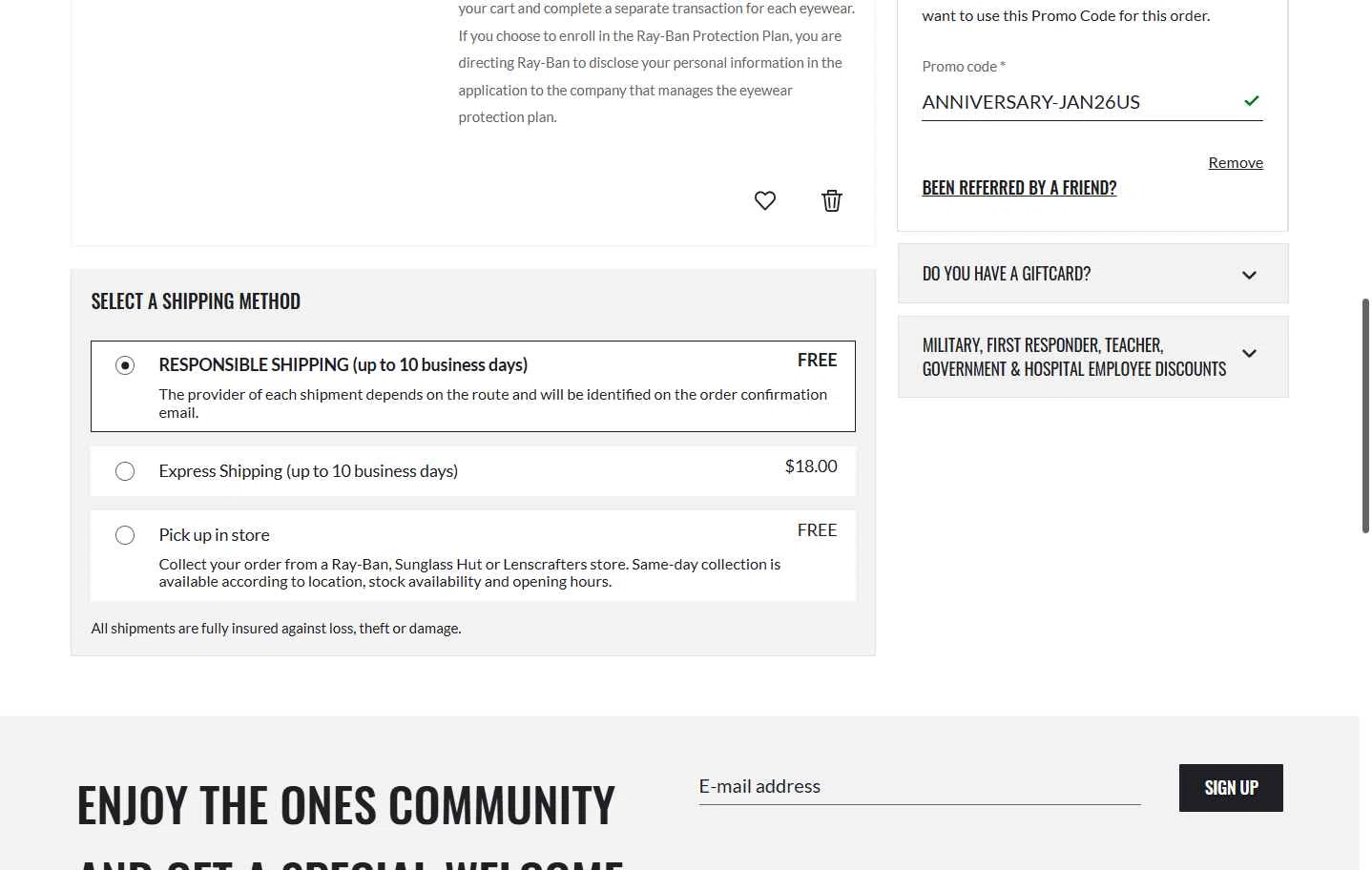 Ray-Ban checkout page showing Ray-Ban promo code box | Screenshot taken by SimplyCodes community member on Feb 3, 2026