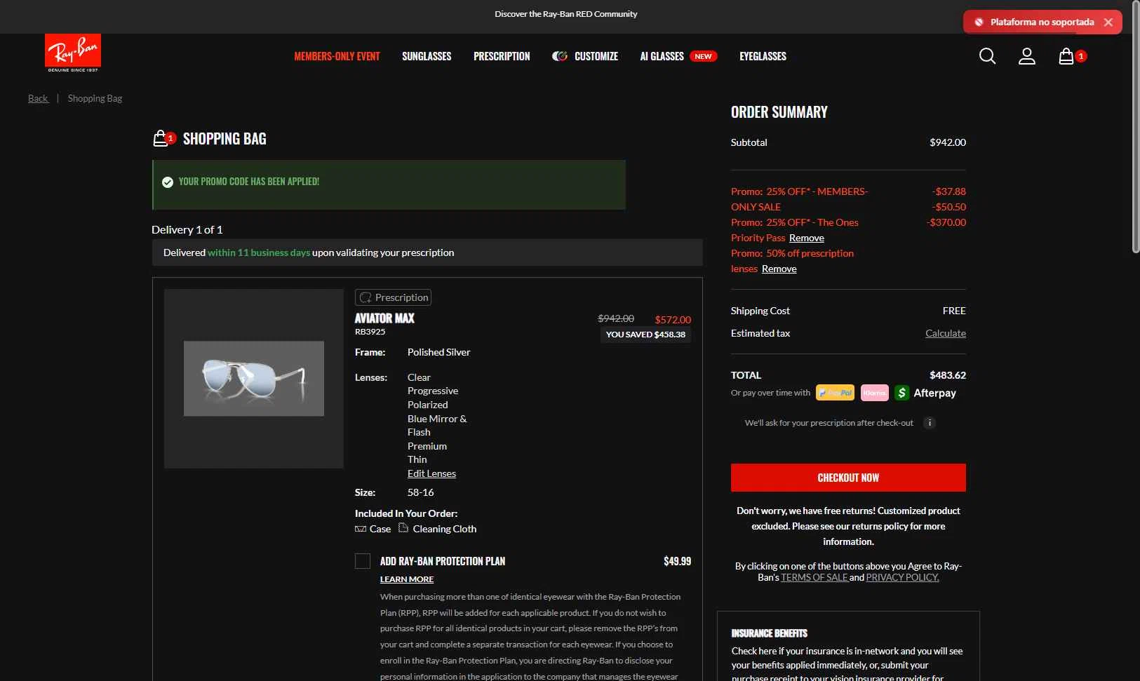 Verification screenshot for 25% Off Sunglasses at Ray-Ban — 43d ago