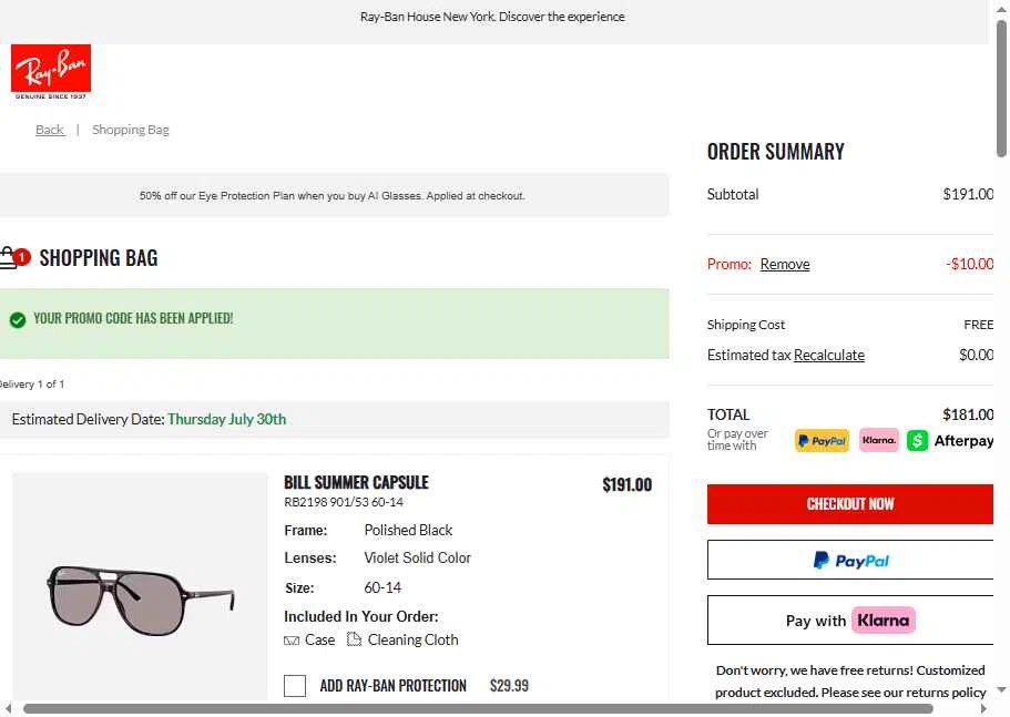 Verification screenshot for $10 Off Select Items at Ray-Ban - 20h ago