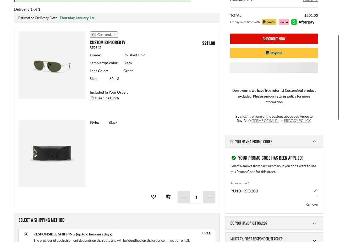 Ray-Ban checkout page showing Ray-Ban promo code box | Screenshot taken by SimplyCodes community member on Dec 24, 2025