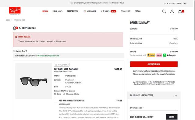 Ray-Ban checkout page showing Ray-Ban promo code box | Screenshot taken by SimplyCodes community member on Sep 23, 2025