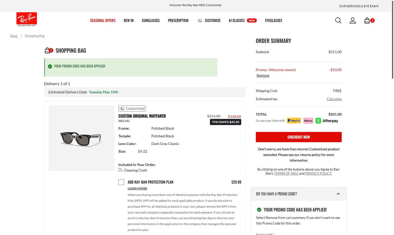 Verification screenshot for $10 Off Select Items at Ray-Ban — 28d ago