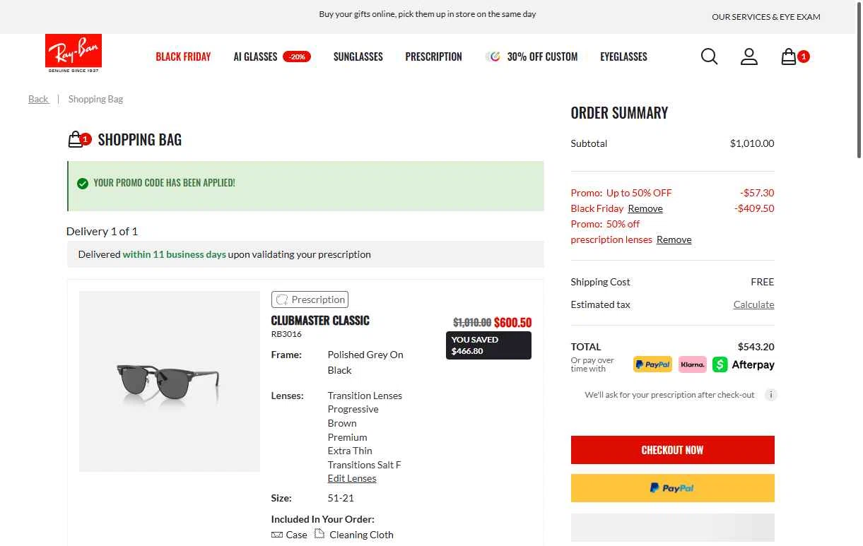 Ray-Ban checkout page showing Ray-Ban promo code box | Screenshot taken by SimplyCodes community member on Nov 28, 2025