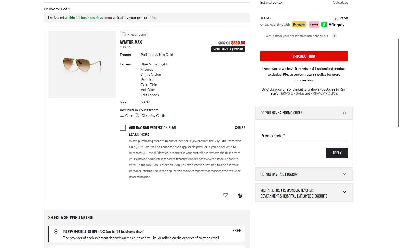 Verification screenshot for $10 Off Select Items at Ray-Ban - 10d ago