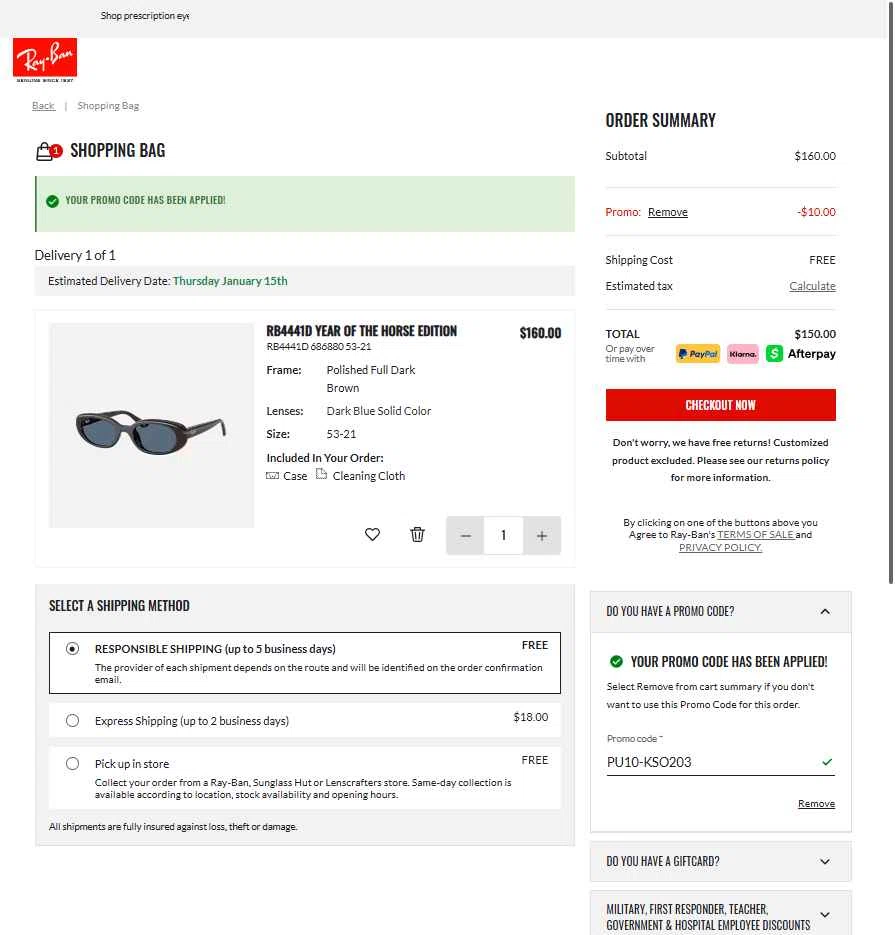 Ray-Ban checkout page showing Ray-Ban promo code box | Screenshot taken by SimplyCodes community member on Jan 7, 2026