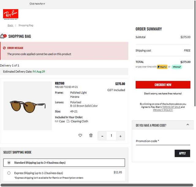 Ray-Ban checkout page showing Ray-Ban promo code box | Screenshot taken by SimplyCodes community member on Aug 24, 2025