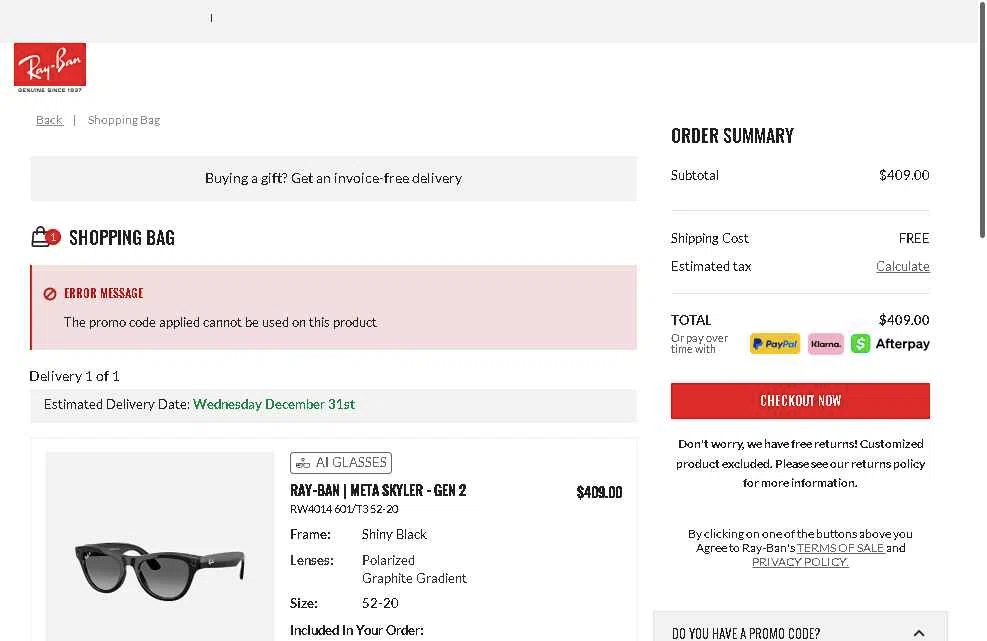 Ray-Ban checkout page showing Ray-Ban promo code box | Screenshot taken by SimplyCodes community member on Dec 24, 2025