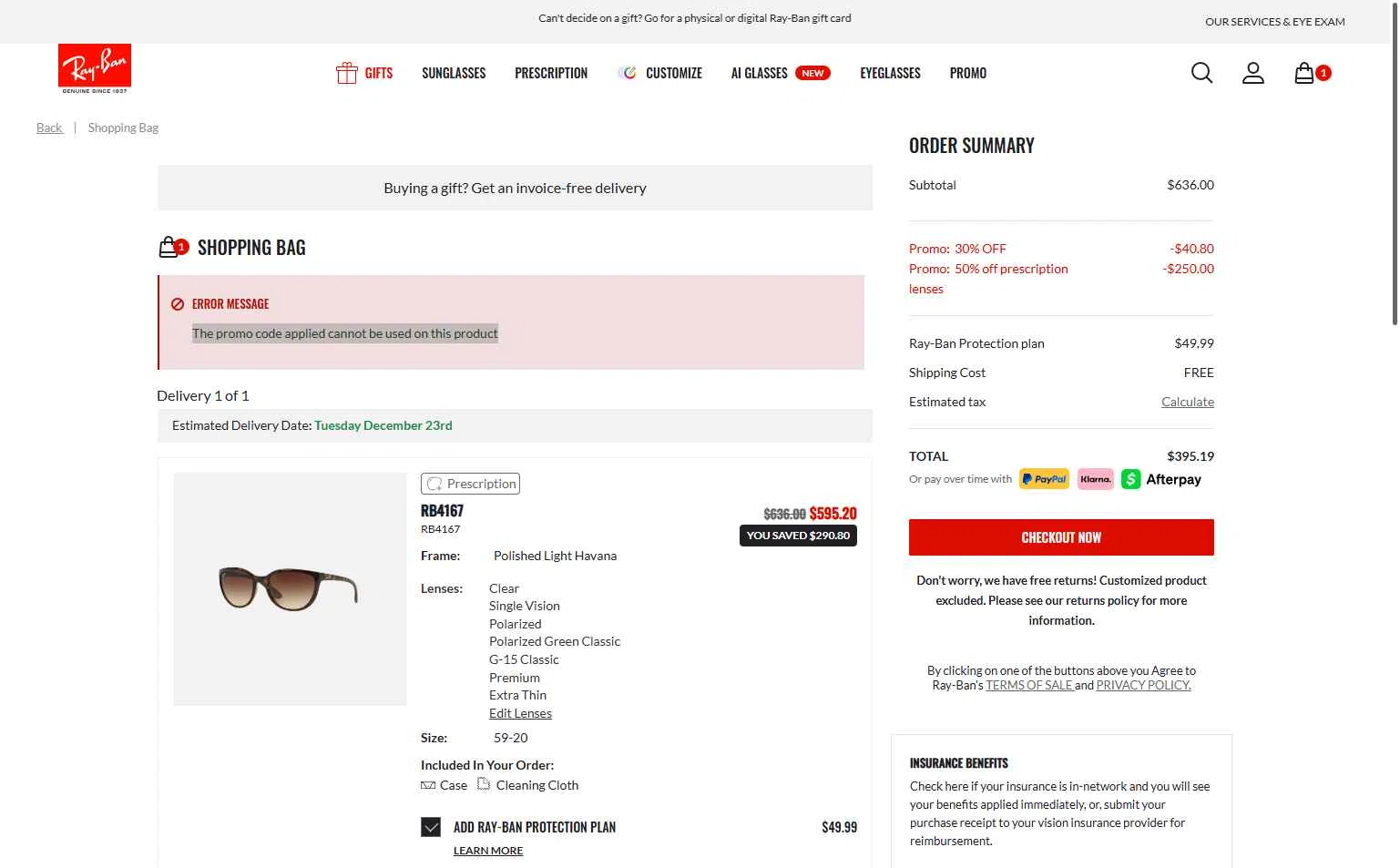 Ray-Ban checkout page showing Ray-Ban promo code box | Screenshot taken by SimplyCodes community member on Dec 7, 2025