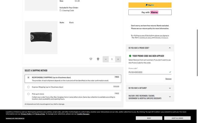 Ray-Ban checkout page showing Ray-Ban promo code box | Screenshot taken by SimplyCodes community member on Oct 3, 2025