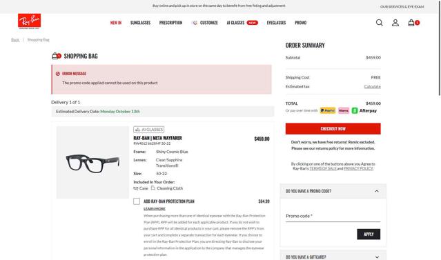 Ray-Ban checkout page showing Ray-Ban promo code box | Screenshot taken by SimplyCodes community member on Oct 3, 2025