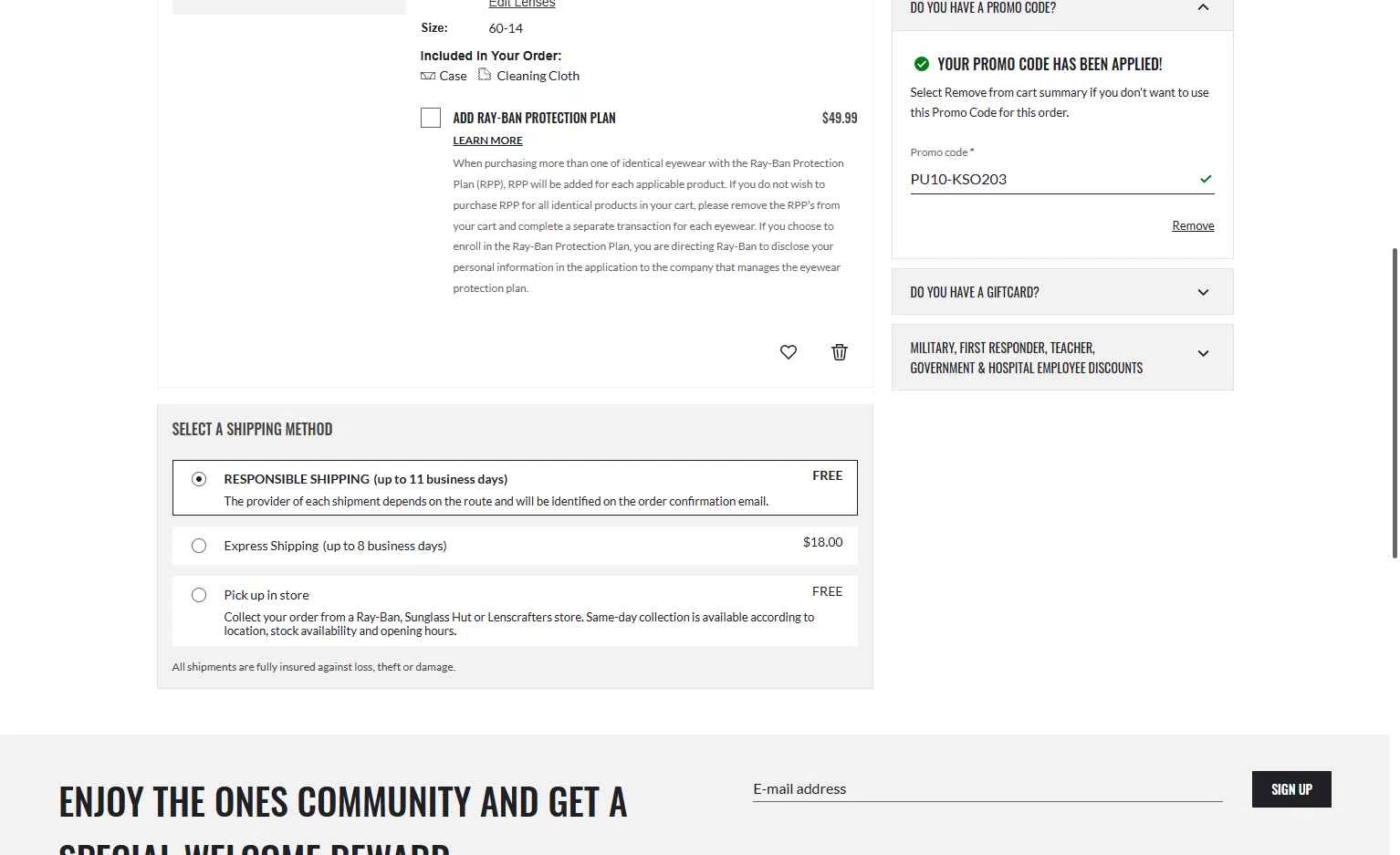 Verification screenshot for $10 Off Select Items at Ray-Ban - 10d ago