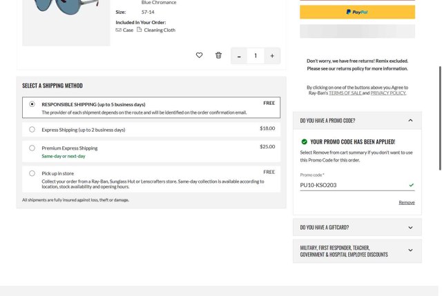 Ray-Ban checkout page showing Ray-Ban promo code box | Screenshot taken by SimplyCodes community member on Sep 4, 2025