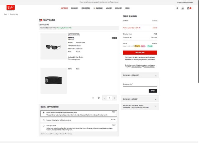 Ray-Ban checkout page showing Ray-Ban promo code box | Screenshot taken by SimplyCodes community member on Aug 29, 2025