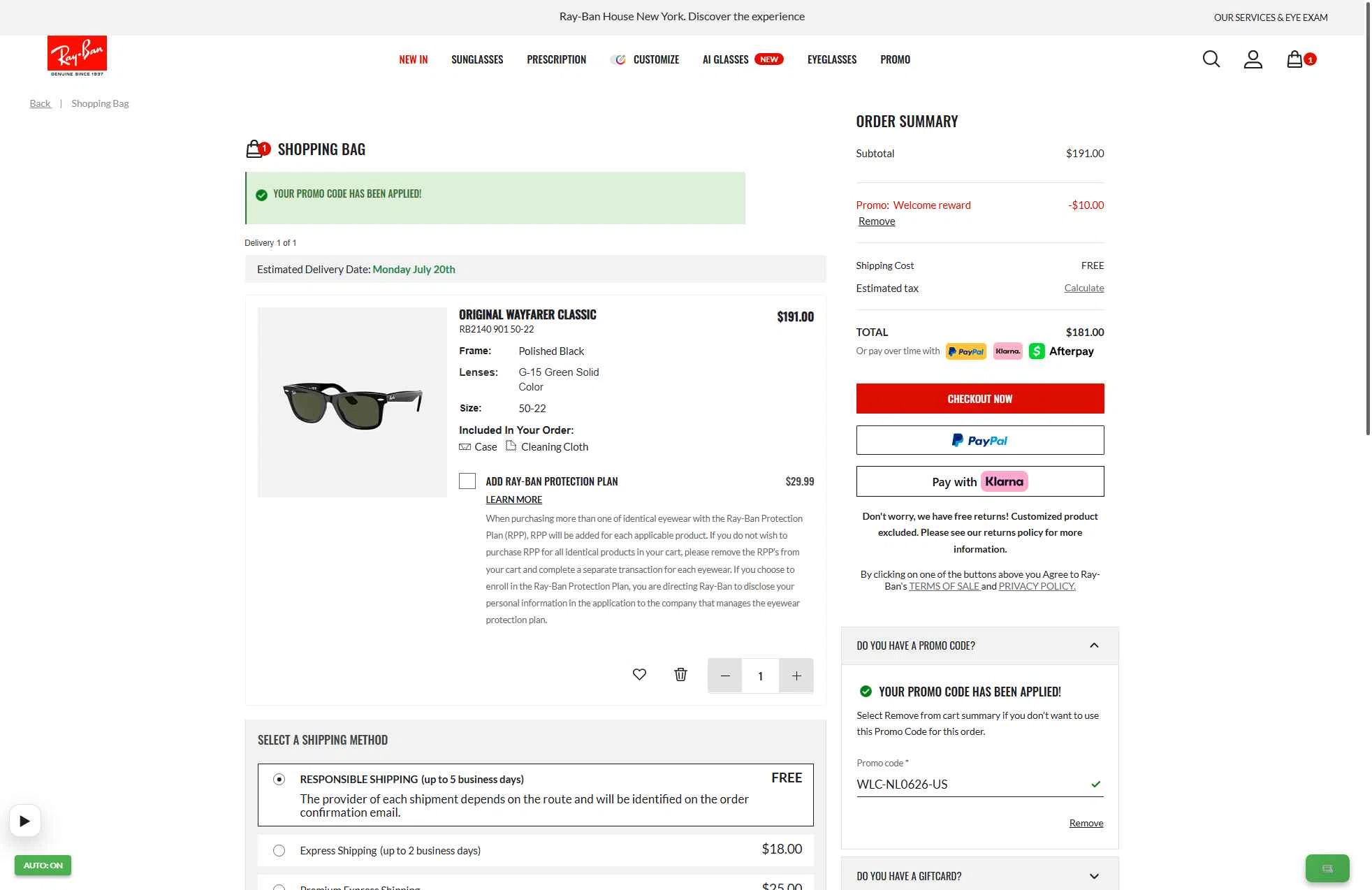 Verification screenshot for $10 Off Select Items at Ray-Ban - 10d ago