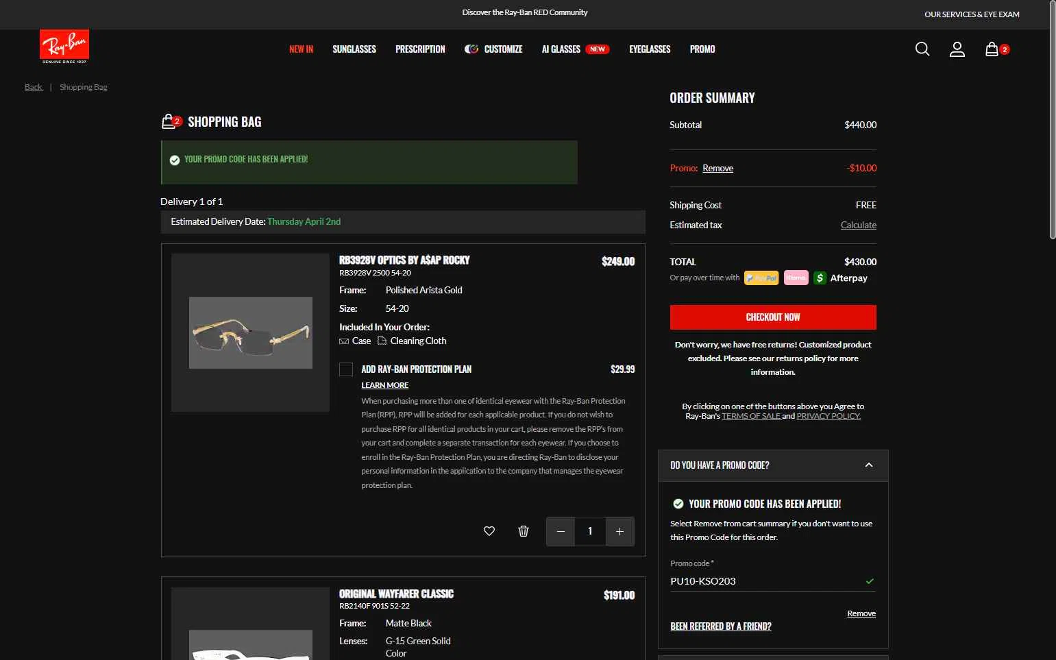 Verification screenshot for $10 Off Select Items at Ray-Ban — 2mo ago