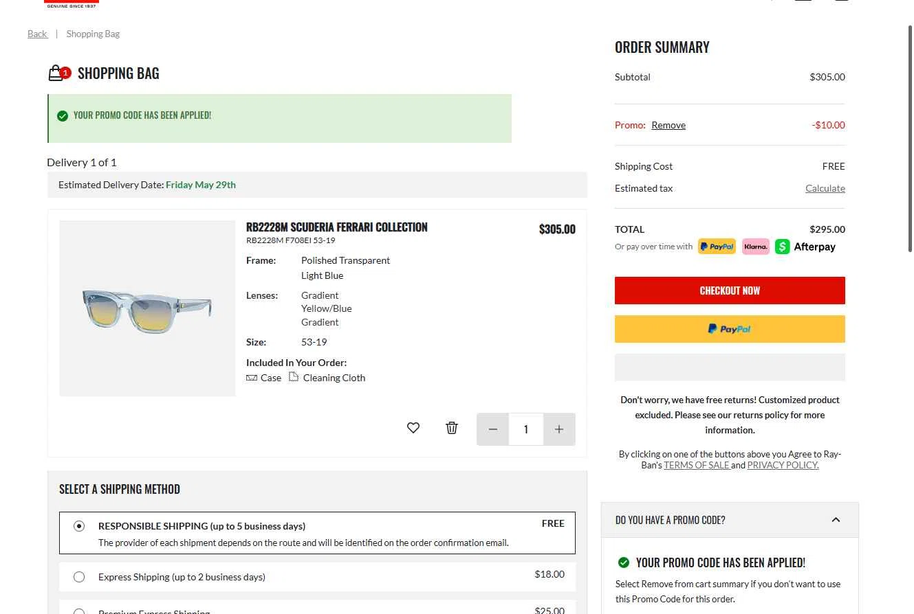 Verification screenshot for $10 Off Select Items at Ray-Ban — 15d ago