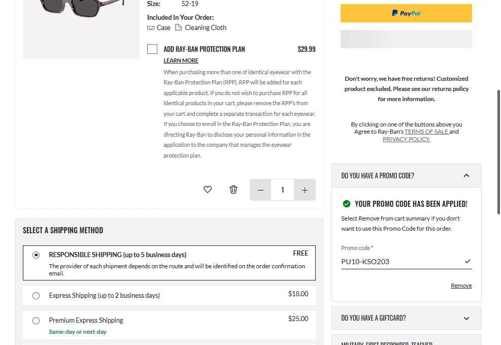 Ray-Ban checkout page showing Ray-Ban promo code box | Screenshot taken by SimplyCodes community member on Feb 7, 2026