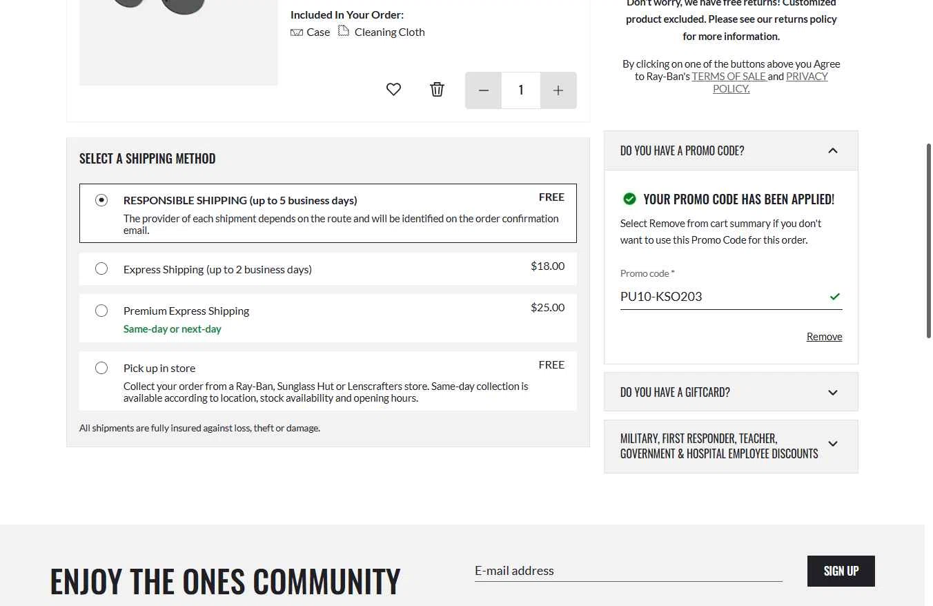 Verification screenshot for $10 Off Select Items at Ray-Ban — 55d ago