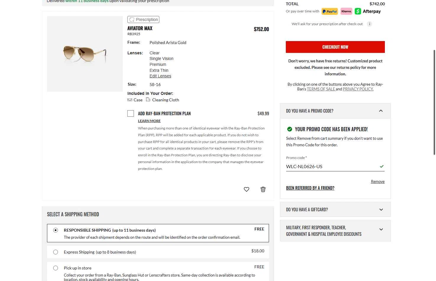 Verification screenshot for $10 Off Select Items at Ray-Ban - 17d ago