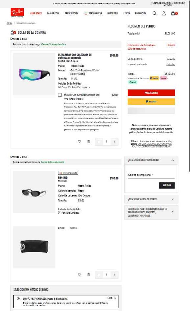 Ray-Ban checkout page showing Ray-Ban promo code box | Screenshot taken by SimplyCodes community member on Aug 29, 2025