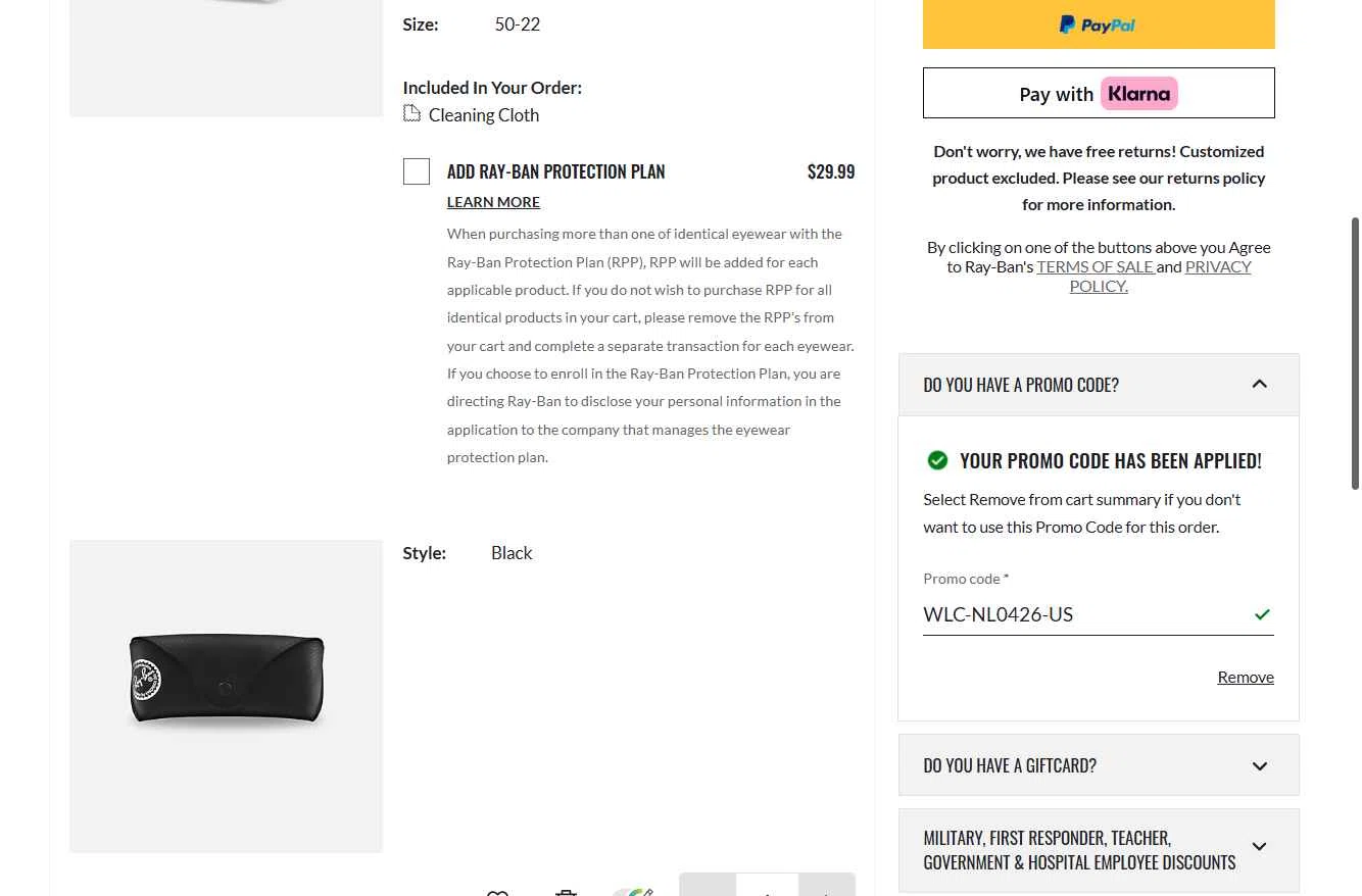 Verification screenshot for $10 Off Select Items at Ray-Ban — 39d ago