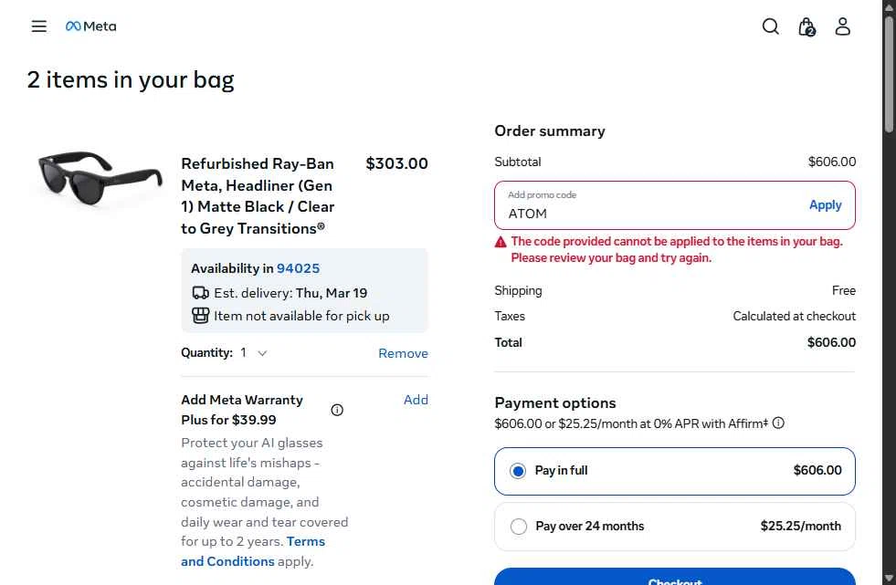 Verification screenshot for 20% Off Select Items at Ray-Ban Meta - 3mo ago