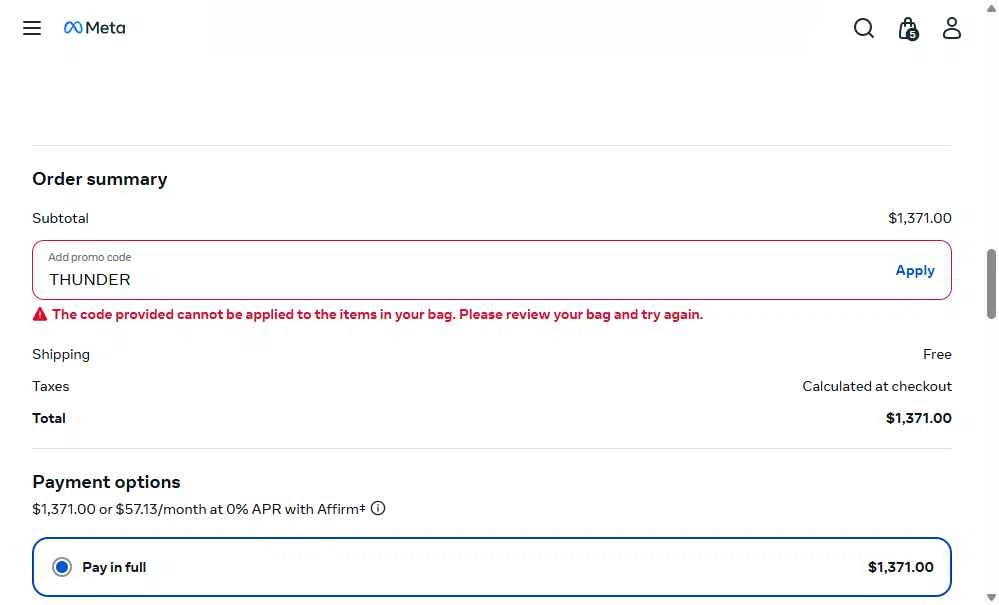 Verification screenshot for 20% Off Select Items at Ray-Ban Meta - 4mo ago