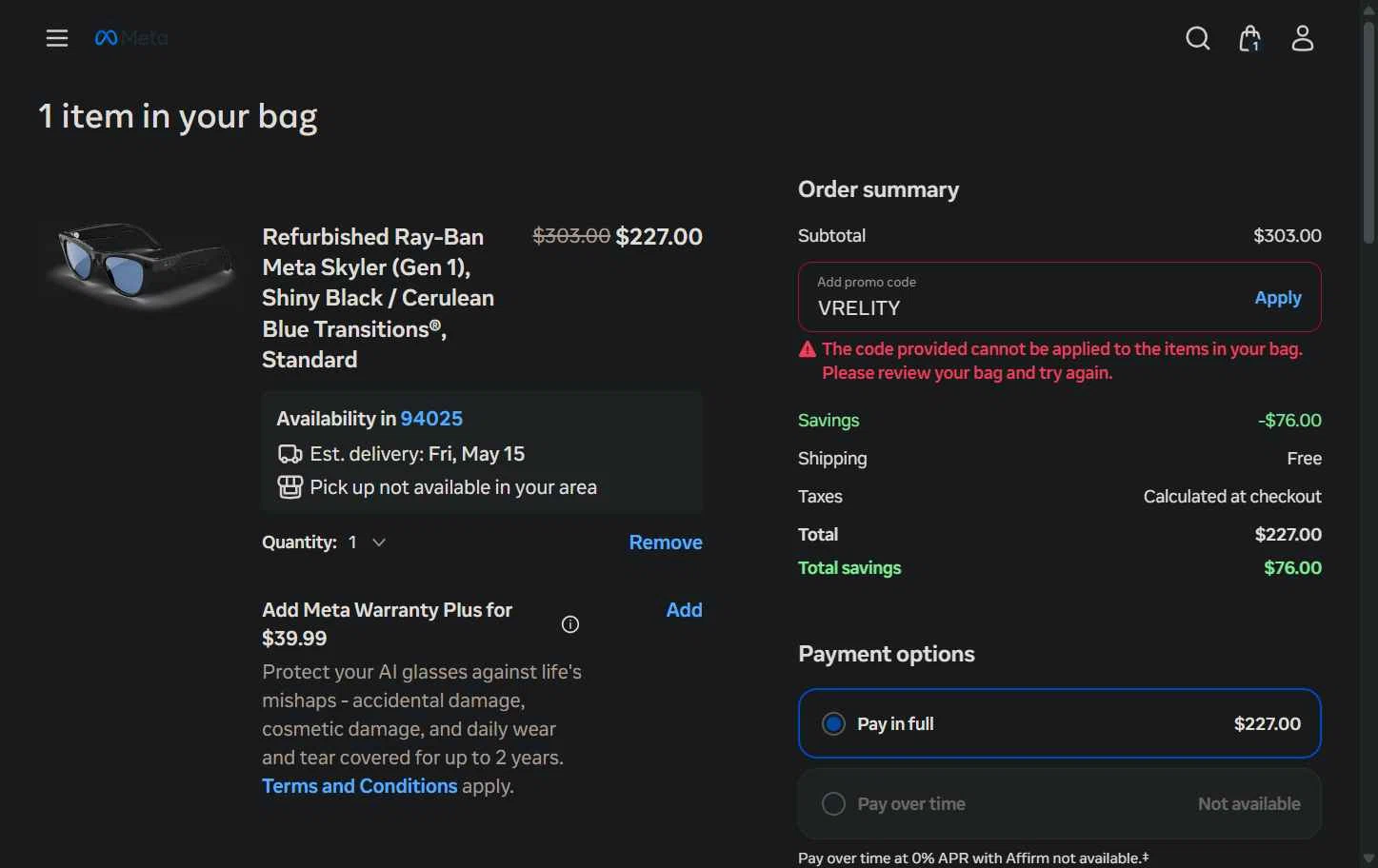 Verification screenshot for 15% Off Select Items at Ray-Ban Meta - 52d ago