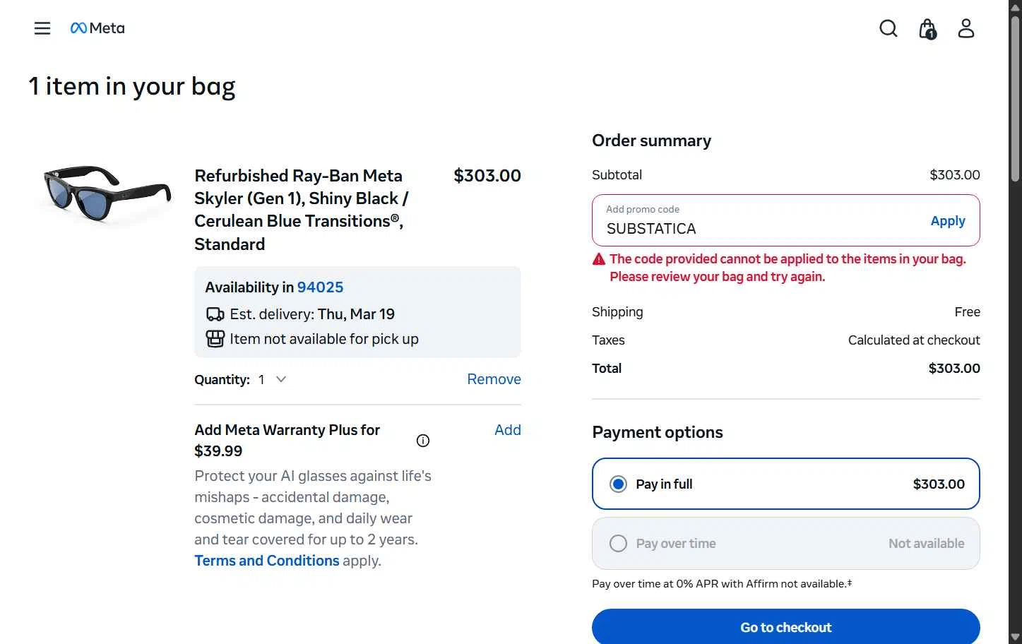 Verification screenshot for 20% Off Select Items at Ray-Ban Meta - 3mo ago