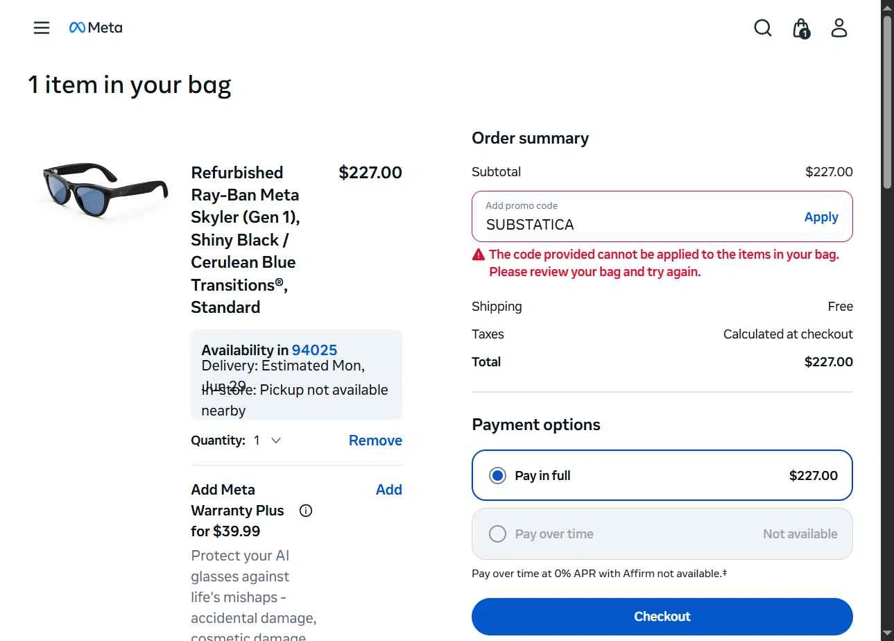 Verification screenshot for 20% Off Select Items at Ray-Ban Meta - 5d ago