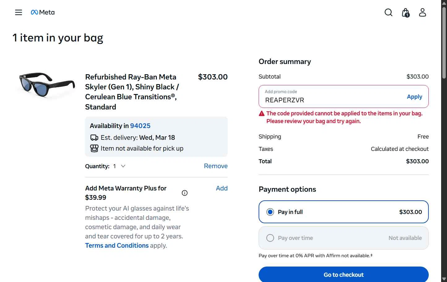 Verification screenshot for 20% Off Select Items at Ray-Ban Meta - 3mo ago