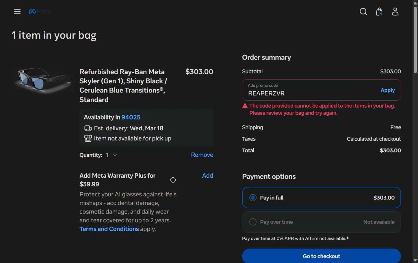 Verification screenshot for 20% Off Select Items at Ray-Ban Meta - 3mo ago
