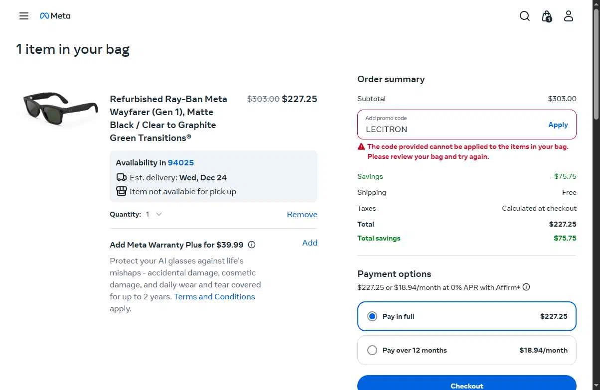 Verification screenshot for 20% Off Select Items at Ray-Ban Meta - 6mo ago