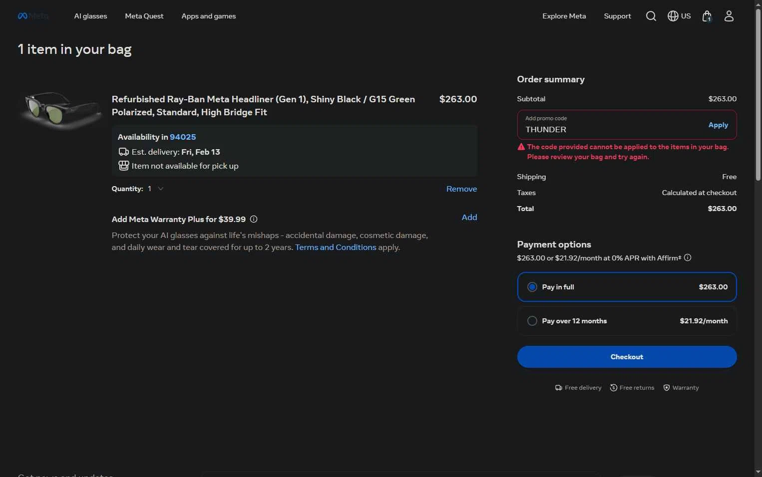 Verification screenshot for 20% Off Select Items at Ray-Ban Meta - 4mo ago