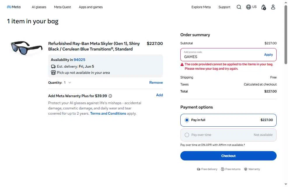 Verification screenshot for 5% Off Select Items at Ray-Ban Meta - 31d ago