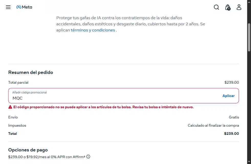 Ray-Ban Meta checkout page showing Ray-Ban Meta promo code box | Screenshot taken by SimplyCodes community member on Dec 9, 2025