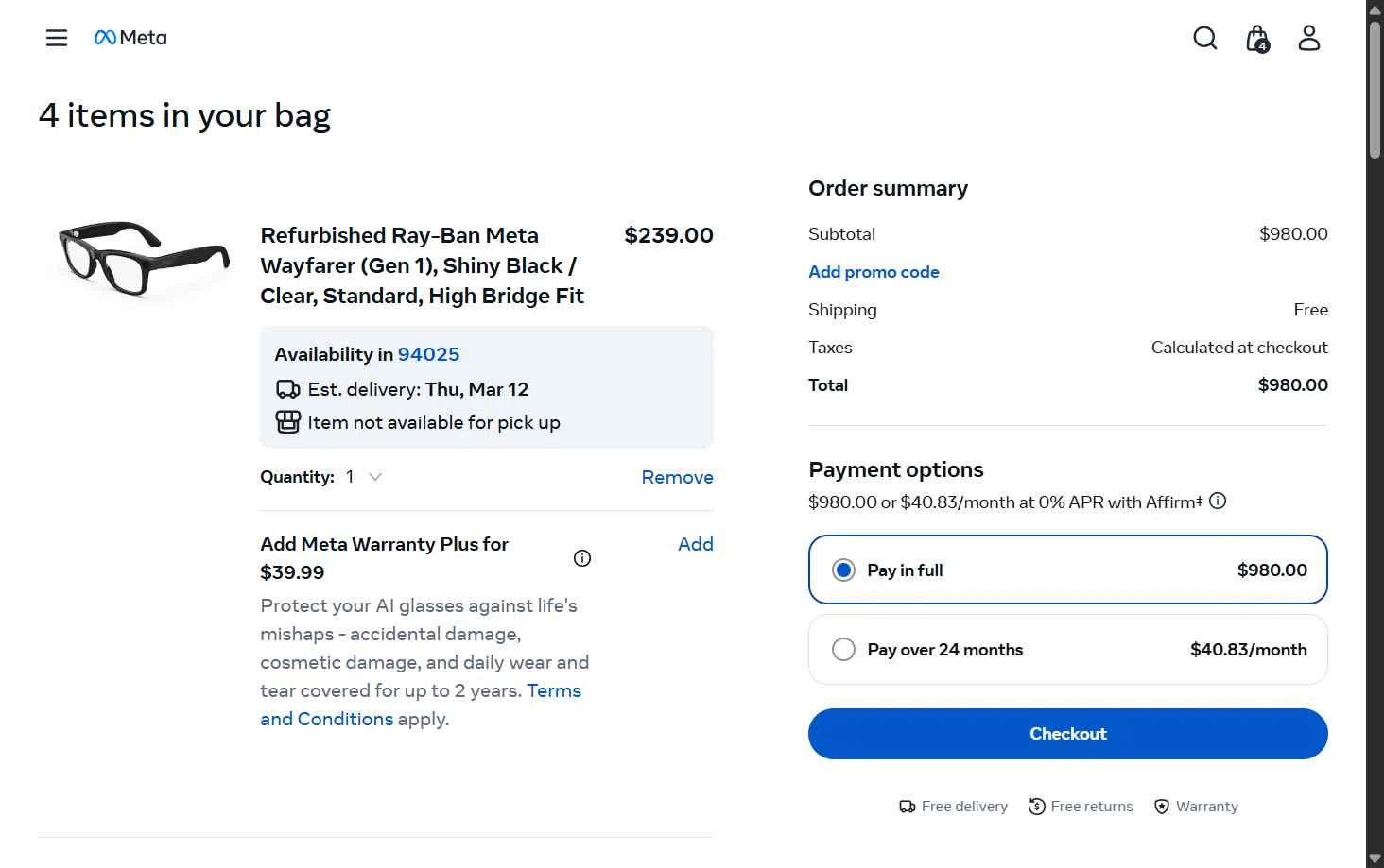 Ray-Ban Meta checkout page showing Ray-Ban Meta promo code box | Screenshot taken by SimplyCodes community member on Feb 5, 2026