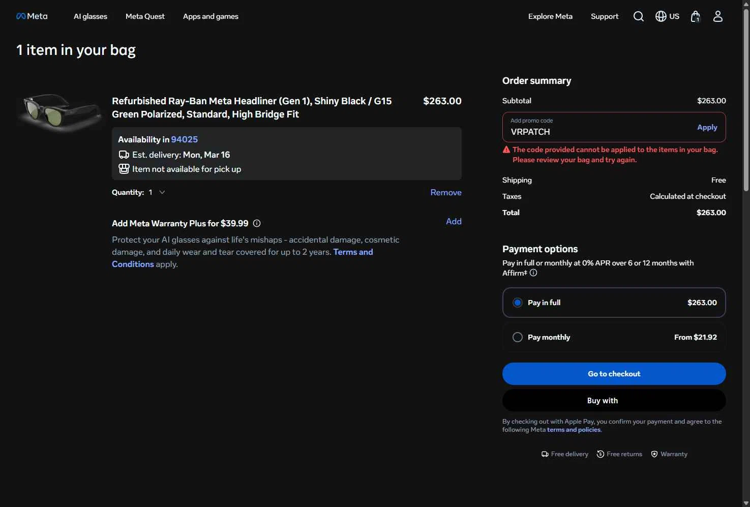 Verification screenshot for 10% Off Select Items at Ray-Ban Meta - 3mo ago